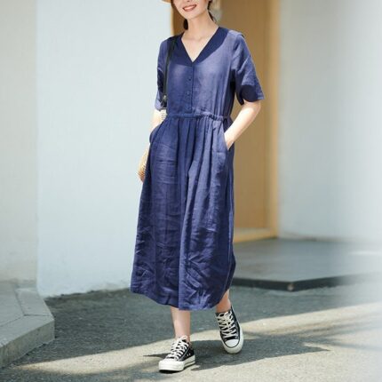 Women s dress with pockets midi dress linen dress F68