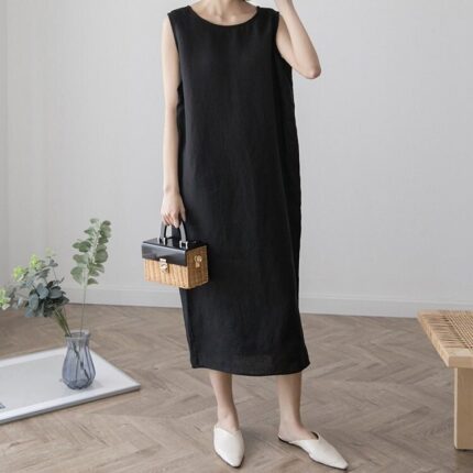 Women dress vintage linen sleeveless straight dress 100 linen 650