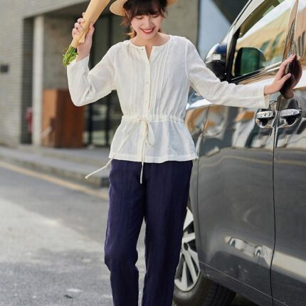 Women Linen Coat Summer Long Sleeves Blouses Pure Linen F245