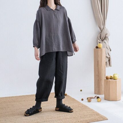Spring Linen Tops Long Sleeves Shirts Buttons Tunics Crop F339